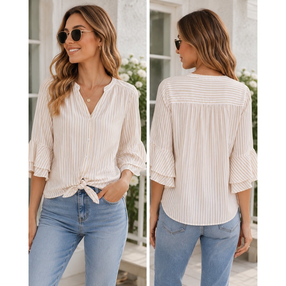 LC Lauren Conrad Blouse Women XL White Tan Stripe Ruffle Sleeve Front Tie Top